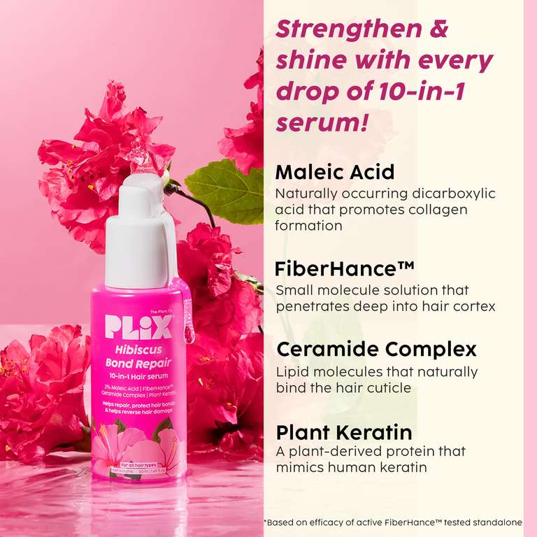 Plix Hibiscus 10-in-1 Bond Repair Serum for Manageable Hair, Reduced Breakage & Nourished Strands, 50ml