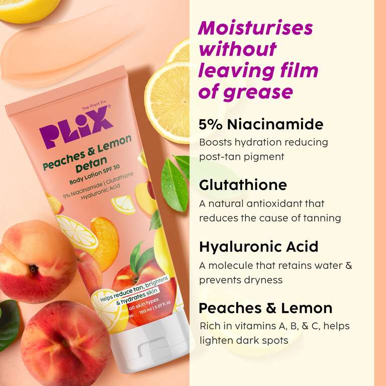 Plix Peaches & Lemon Detan Body Lotion with SPF 30 | Brightens & Moisturizes for Softer Skin, 150ml