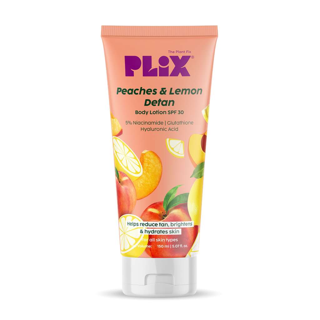 Plix Peaches & Lemon Detan Body Lotion with SPF 30 | Brightens & Moisturizes for Softer Skin, 150ml